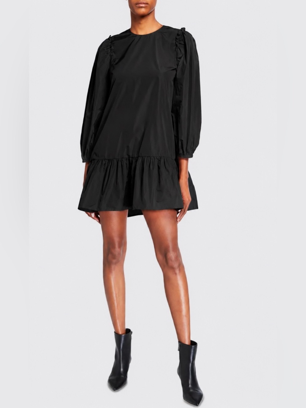 Cinq a Sept Dress XS Black Jackie Drop Waist Balloon Sleeve Satin Flounce LBD